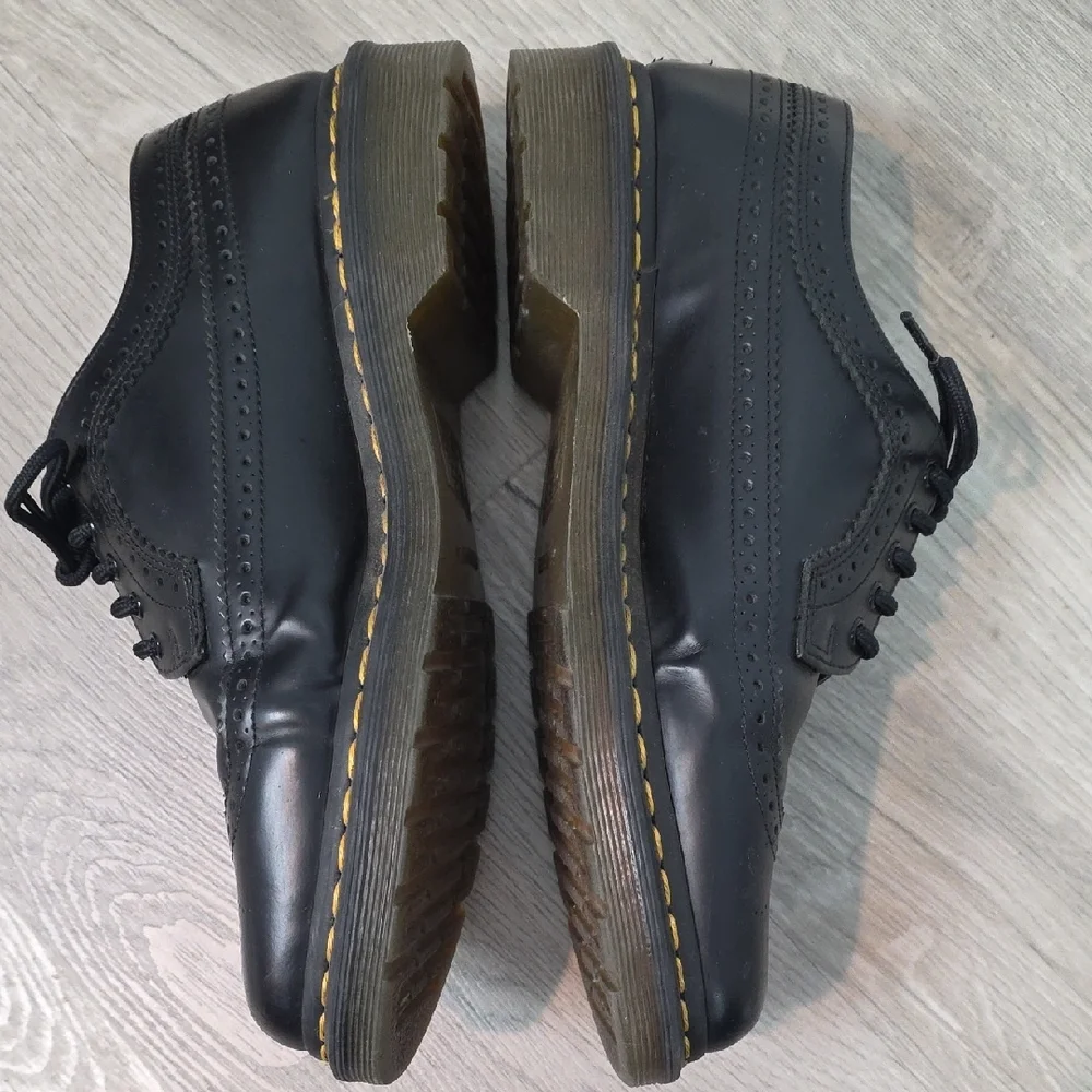 Dr. Martens Black Leather Wingtip Oxfords with Yellow Stitching